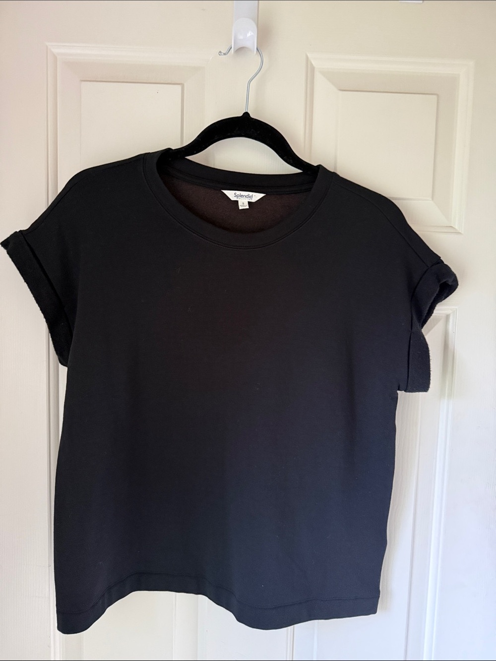 SPLENDID BLACK ROLLED SLEEVE CREW NECK FLEECE SM